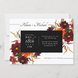 Modern Rustic Burgundy Orange Dahlia Fall Wedding Invitation