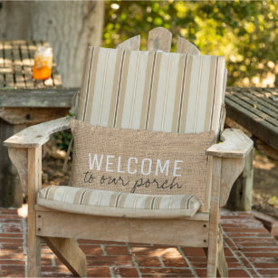 Modern Rustic burlap family Welcome to our Porch Lumbar Pillow