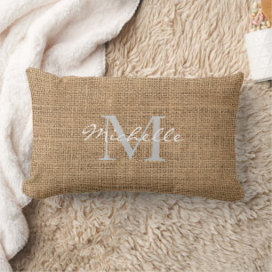 Modern rustic burlap personal monogram name lumbar pillow