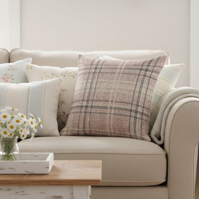 Modern Rustic Burlap Plaid Light Pink Throw Pillow (Creator Uploaded)