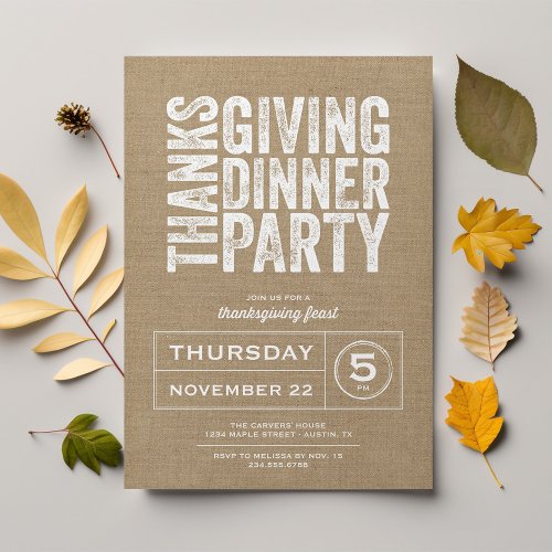 Modern Rustic Burlap Thanksgiving Dinner Party Personalized Invites