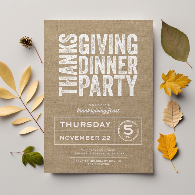 Modern Rustic Burlap Thanksgiving Dinner Party Invitation (Creator Uploaded)