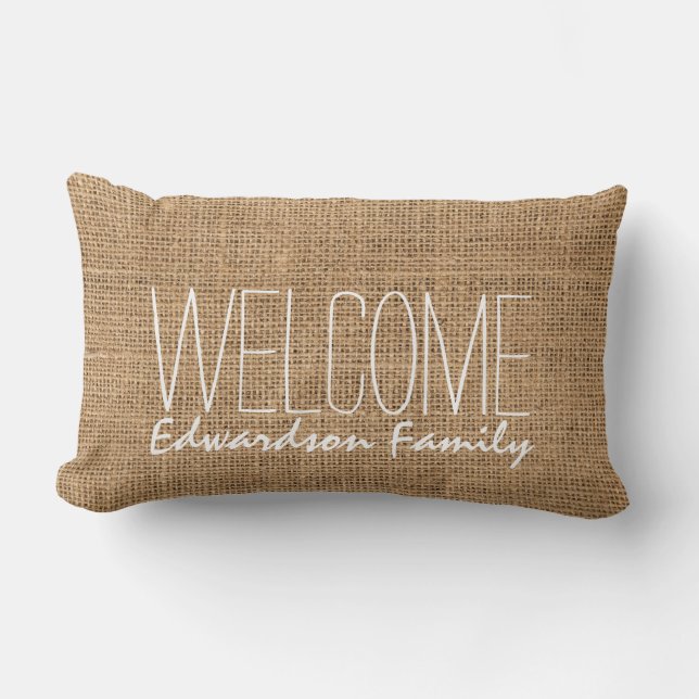 Modern rustic burlap Welcome Family name Lumbar Pillow (Front)