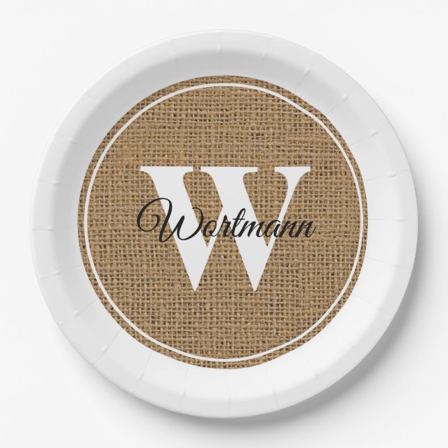 Modern Rustic Burlap White Monogram Paper Plates (Front)
