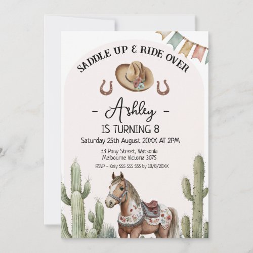 Modern Rustic Cactus Saddle Up Horse Birthday Invitation