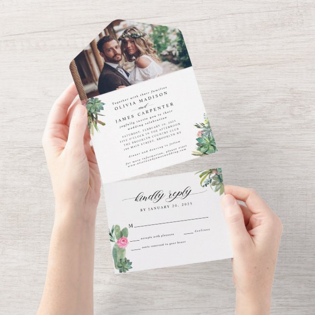 Modern Rustic Cactus Succulent Photo Boho Wedding All In One Invitation (Tearaway)