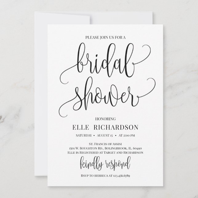 Modern rustic calligraphy lettering bridal shower invitation (Front)