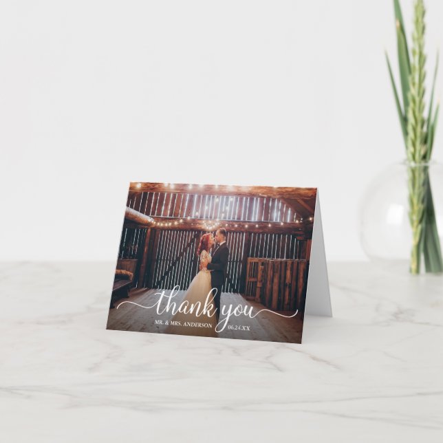 Modern Rustic Calligraphy Photo Wedding Note Letterpress Thank You Card (Front)