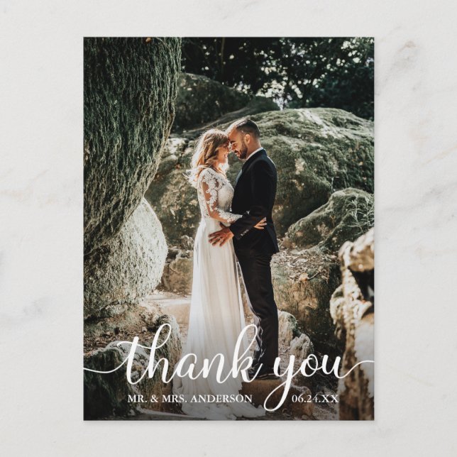 Modern Rustic Calligraphy Script Wedding Thank You Postcard (Front)