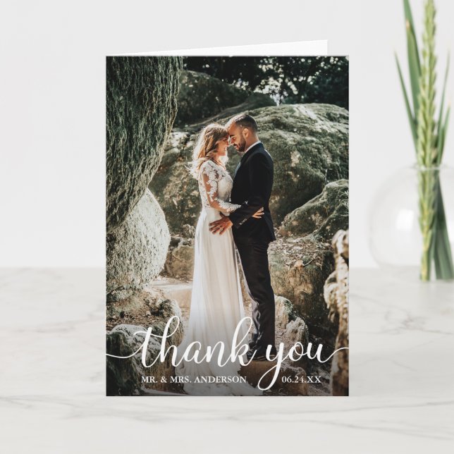 Modern Rustic Calligraphy Wedding Photo Fold Thank You Card (Front)