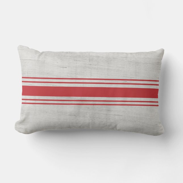 Modern Rustic Canvas Grain Sack Red Stripes Lumbar Pillow (Front)