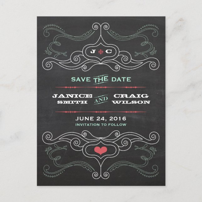 Modern Rustic Chalkboard Typography Save the Date Announcement Postcard (Front)