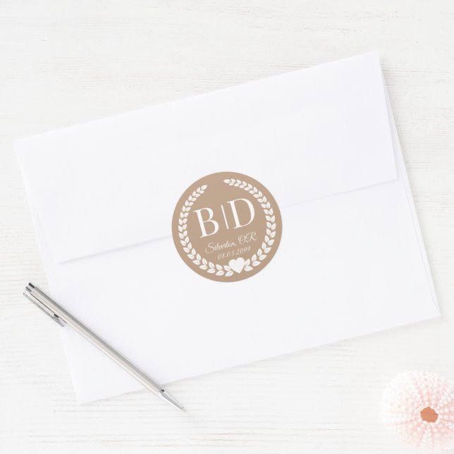 Modern Rustic Champagne Beige Monogram Wedding Classic Round Sticker (Envelope)