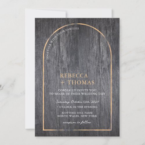 Modern Rustic Charcoal Wood Golden Arch Wedding Invitation