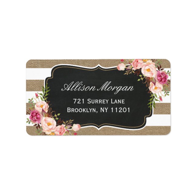 Modern Rustic Chic Burlap Stripes Floral Label (Front)
