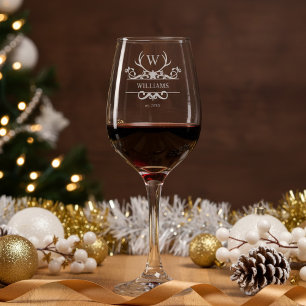 Modern Rustic Christmas Monogram Wine Glass