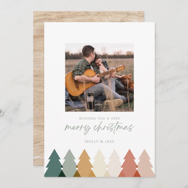 Modern Rustic Christmas Tree Photo Flat Card (Front/Back)