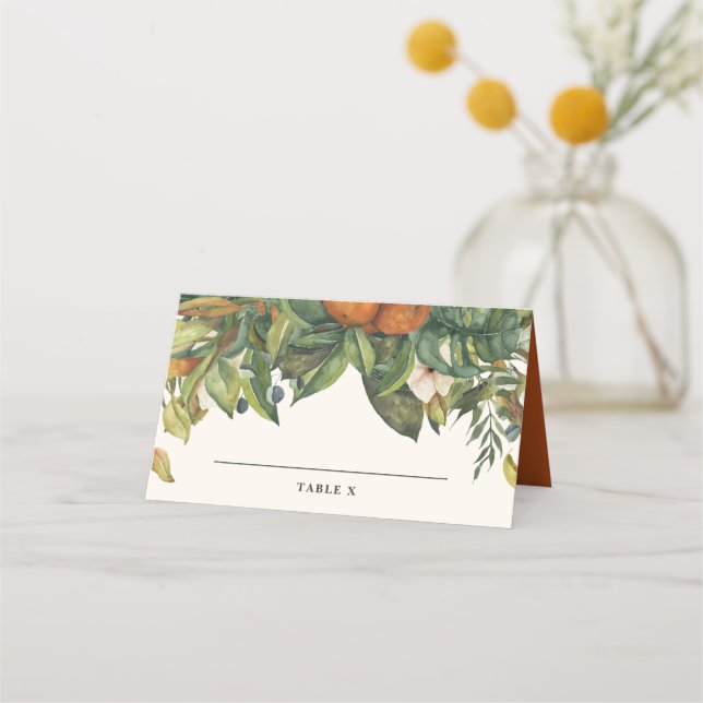 Modern rustic citrus orange blossom wedding table place card (Front)