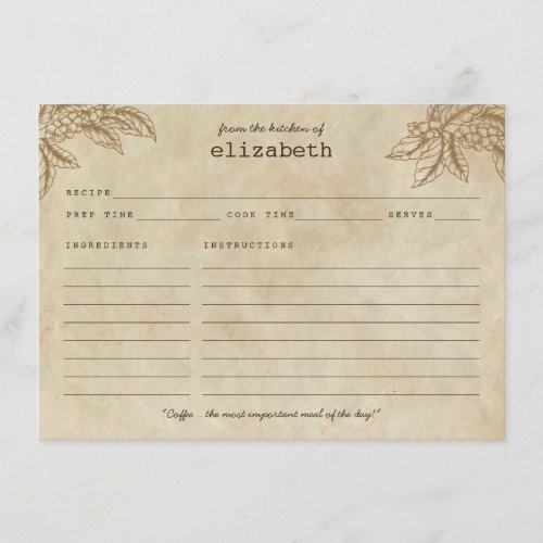Modern Rustic Coffee Plant Beans Quote Recipe Card