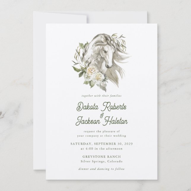 Modern Rustic Country Horse Olive Floral Wedding Invitation (Front)