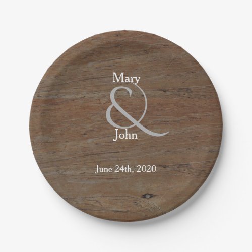 Modern Rustic country wedding dark brown wood Paper Plates