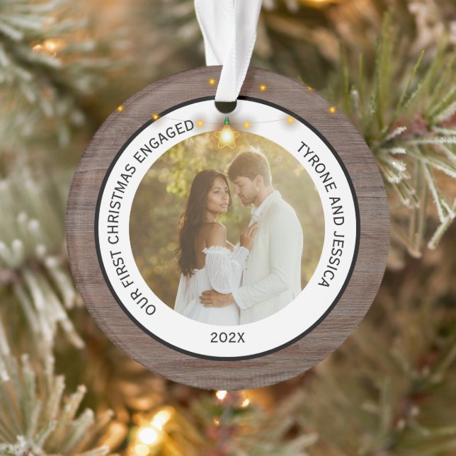 Modern Rustic Couples First Christmas Engaged  Ornament (Tree)