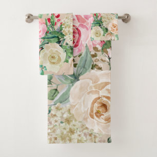 Modern rustic creme rose pink watercolor floral bath towel set