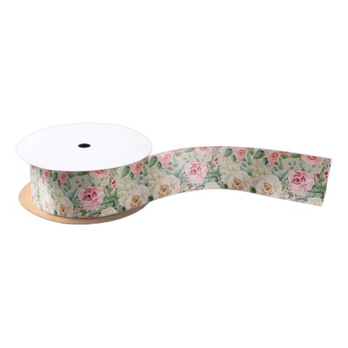 Modern rustic creme rose pink watercolor floral satin ribbon