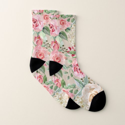 Modern rustic creme rose pink watercolor floral socks