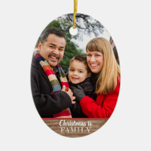 Modern Rustic Custom 2-Photo Family Christmas Ceramic Ornament