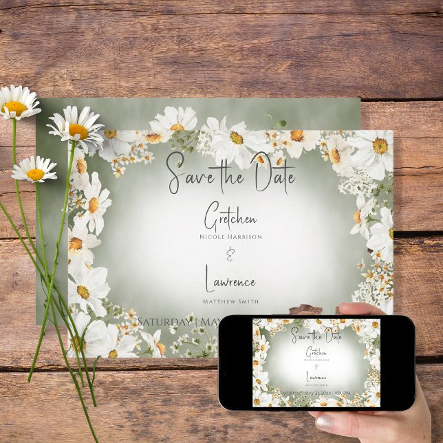 Modern Rustic Daisy Frame Green Wedding Save The Date (Creator Uploaded)