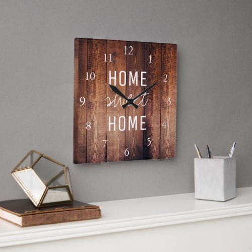 Modern rustic dark barn wood Home sweet home Square Wall Clock