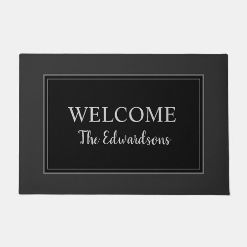 Modern rustic dark gray black welcome family name doormat