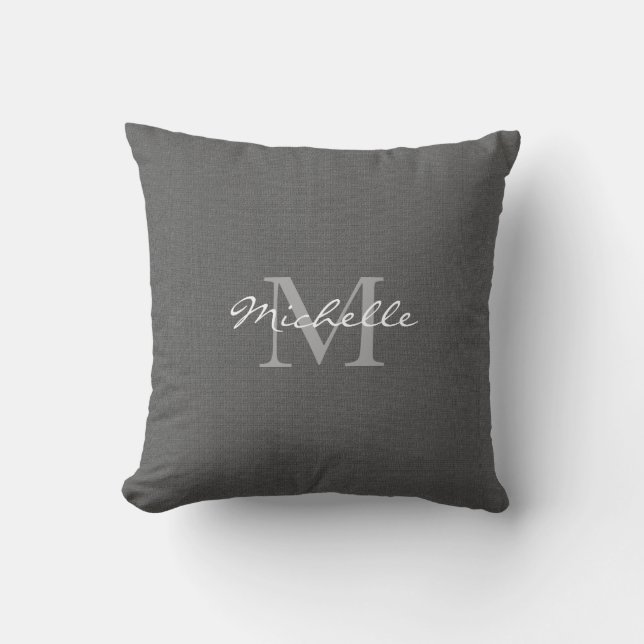 Modern rustic dark Gray burlap monogram name Throw Pillow (Front)