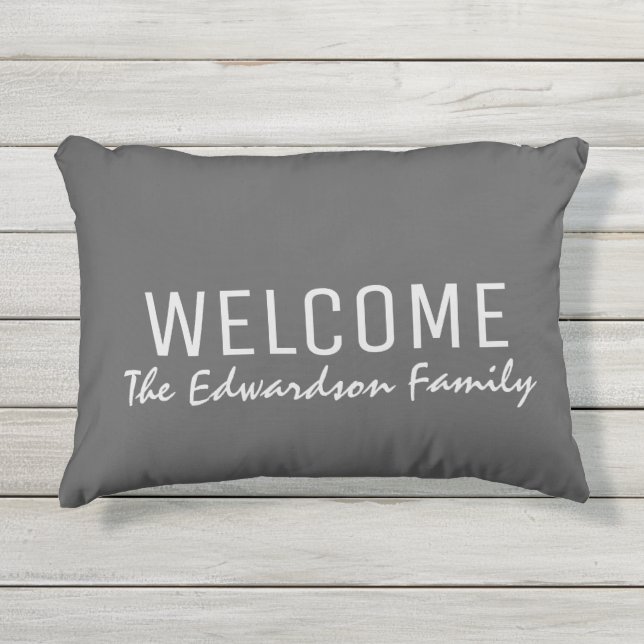 Modern rustic dark gray Welcome Family monogram Outdoor Pillow (Front)