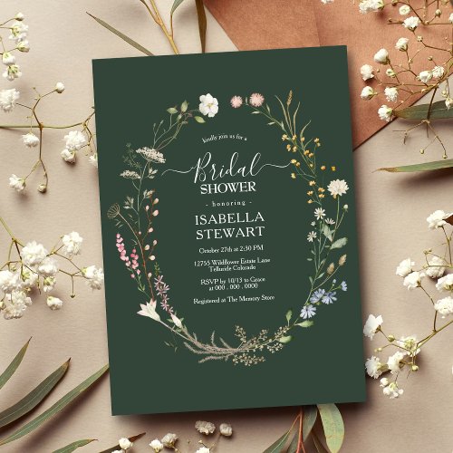 Modern Rustic Dark Green Wildflower Bridal Shower Invitation