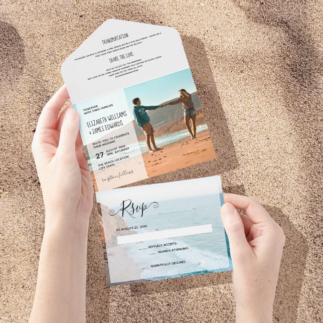 Modern Rustic Destination Beach Wedding 3 Photo All In One Invitation (Creator Uploaded)