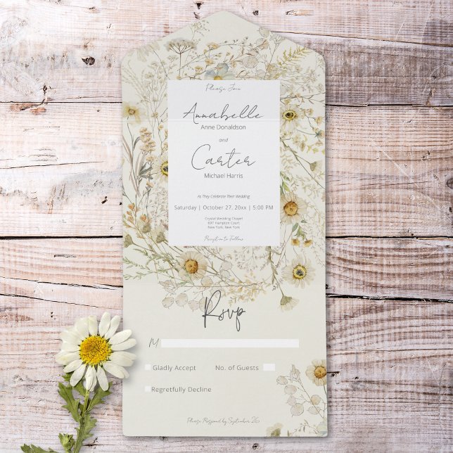 Modern Rustic Dried Daisies Floral No Dinner All In One Invitation (Modern Rustic Dried Daisies Floral No Dinner All In One Invitation)