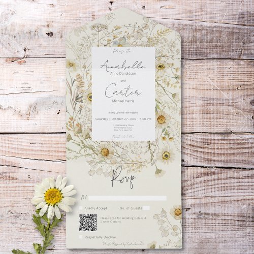 Modern Rustic Dried Daisies Floral QR Code All In One Invitation