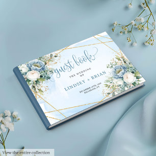 Modern Rustic Dusty Blue White Gold Floral Wedding Guest Book