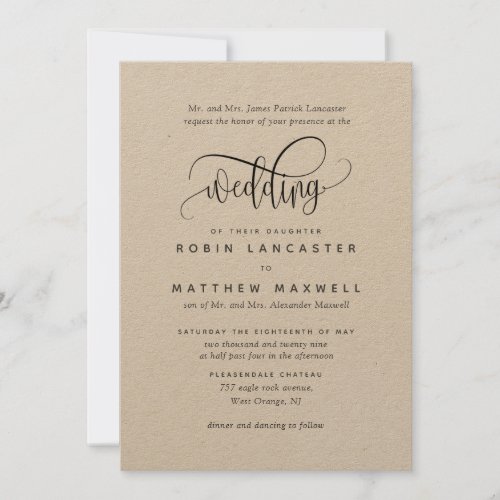 Modern Rustic Elegant Calligraphy Kraft Wedding Invitation