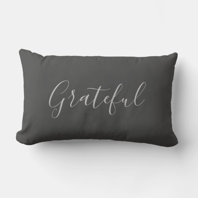 Modern rustic elegant dark gray grateful script lu lumbar pillow (Front)