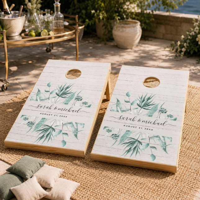 Modern Rustic Elegant Script Greenery Wedding Cornhole Set (Creator Uploaded)