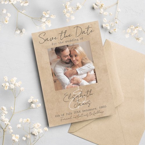 Modern Rustic Elegant Script White Grey Add Photo Save The Date