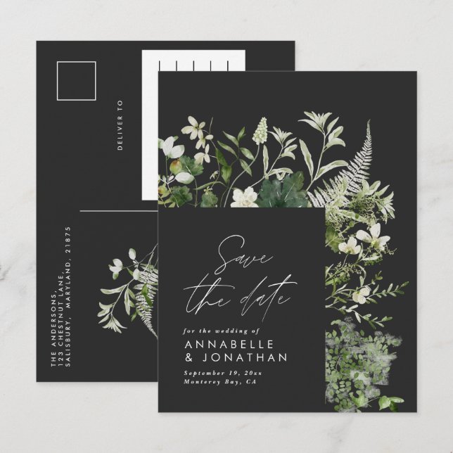 Modern rustic eucalyptus botanical elegant black announcement postcard (Front/Back)