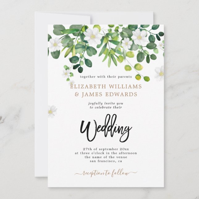 Modern Rustic Eucalyptus Leaves Wedding Invitation (Front)