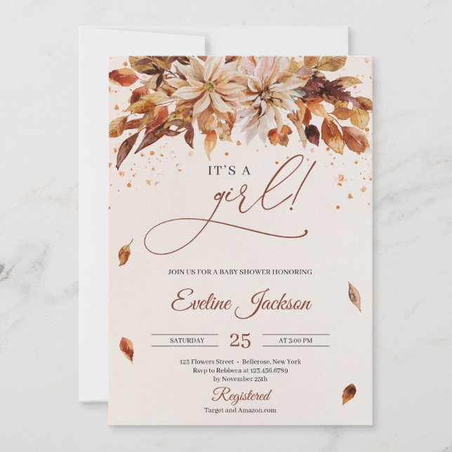 Modern rustic fall and autumn floral leaves invitation (Front)