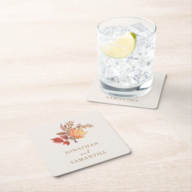 Modern Rustic Fall Boho Flower Wedding  Square Paper Coaster (Insitu)