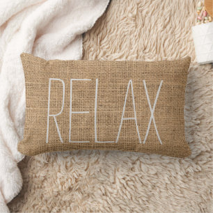Modern rustic family burlap Relax script Lumbar Pillow