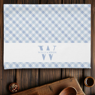 Modern Rustic Family Monogram Blue Gingham Plaid Kitchen Towel